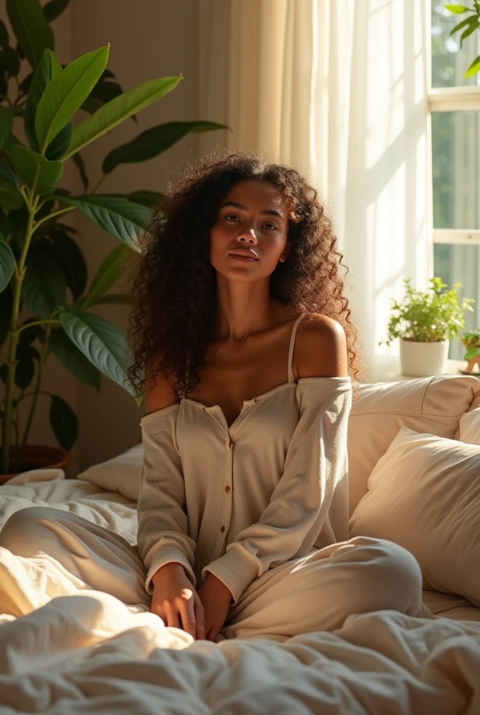 (photorealism:1.2), beautiful woman, sitting on bed, wearing loose off-shoulder top, pajama pants, long curly hair, indoors, soft lighting, plants in background, window with sunlight, cozy room, relaxed pose, realistic, intricate details, warm colors, by Greg Rutkowski, by Alphonse Mucha