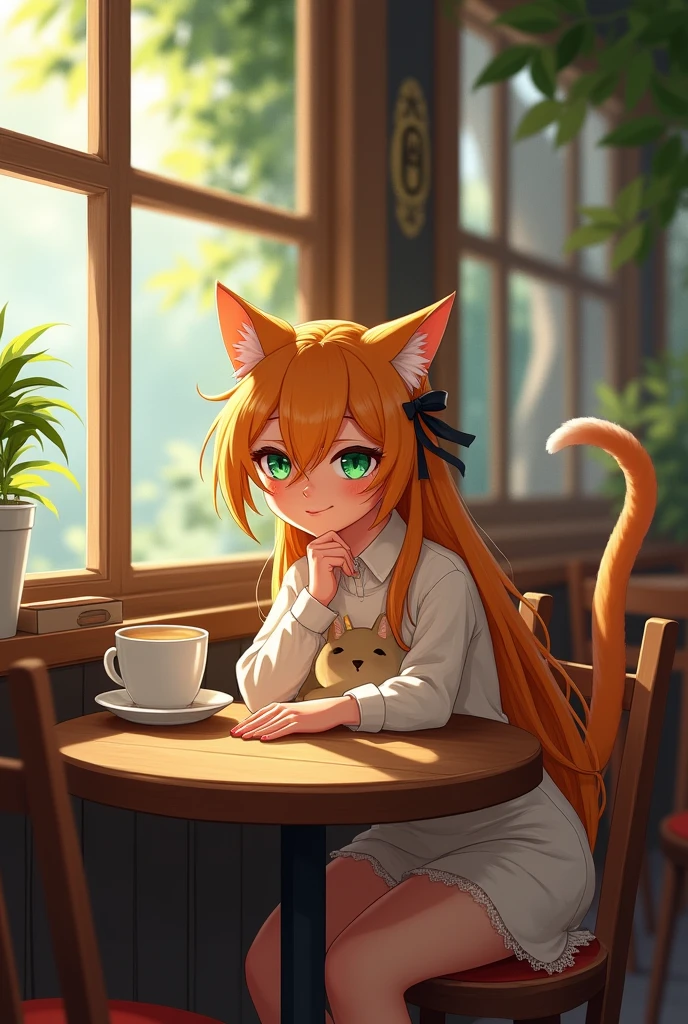 a woman sitting at a table with a cat and a cup of coffee, very beautiful cute catgirl, beautiful drawing style, drawing style, illustration style, woman and cat, beautiful illustration, attractive cat girl, trending on artstration, cute detailed artwork, in style of digital illustration, cute illustration, cute art style, fabulous illustrations, stunning art style