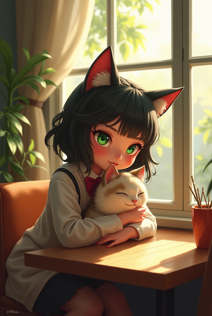 a woman sitting at a table with a cat and a cup of coffee, very beautiful cute catgirl, beautiful drawing style, drawing style, illustration style, woman and cat, beautiful illustration, attractive cat girl, trending on artstration, cute detailed artwork, in style of digital illustration, cute illustration, cute art style, fabulous illustrations, stunning art style
