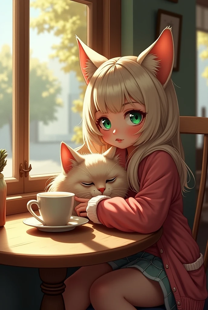 a woman sitting at a table with a cat and a cup of coffee, very beautiful cute catgirl, beautiful drawing style, drawing style, illustration style, woman and cat, beautiful illustration, attractive cat girl, trending on artstration, cute detailed artwork, in style of digital illustration, cute illustration, cute art style, fabulous illustrations, stunning art style