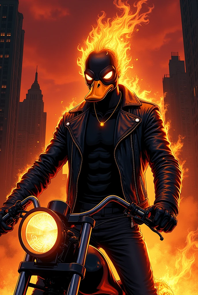 To create a black character in the style of the Ghost Rider,
Duck-headed