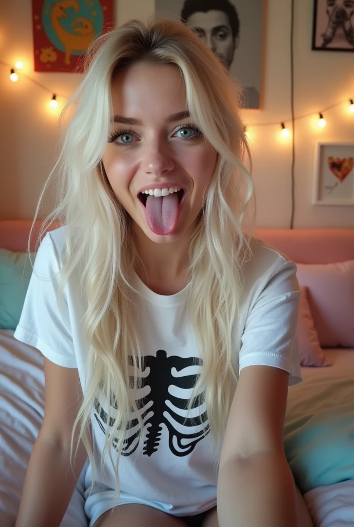 (photorealism:1.2), /imagine prompt: Tumblr aesthetic woman, porcelain skin, long white blonde hair, sitting taking selfie showing tongue::5 she wearing a SHEIN Coolane Camiseta Casual com Estampa Simples de Esqueleto, she have perfect baby blue eyes