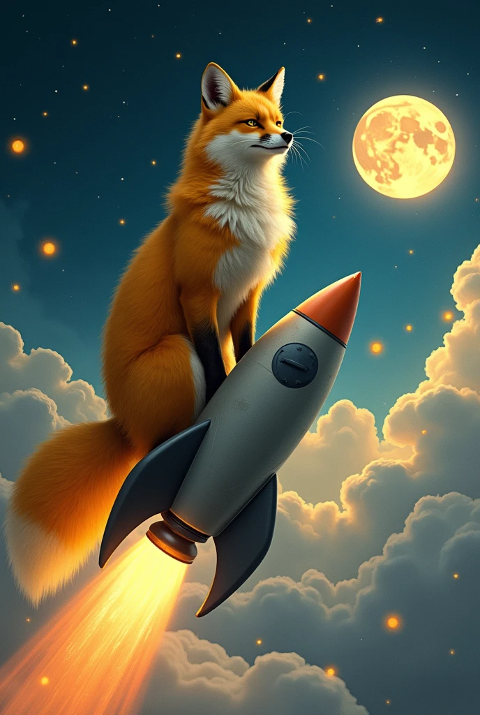 A fox,on a rocket, rocket shoots bucks, fox facing us, rocket facing a moon, Fox is cunning, fix is evil, rocket let's out money, fox is fir, fox is tibetan, fix colour is yellowish orange,the Rocket is in the atmosphere