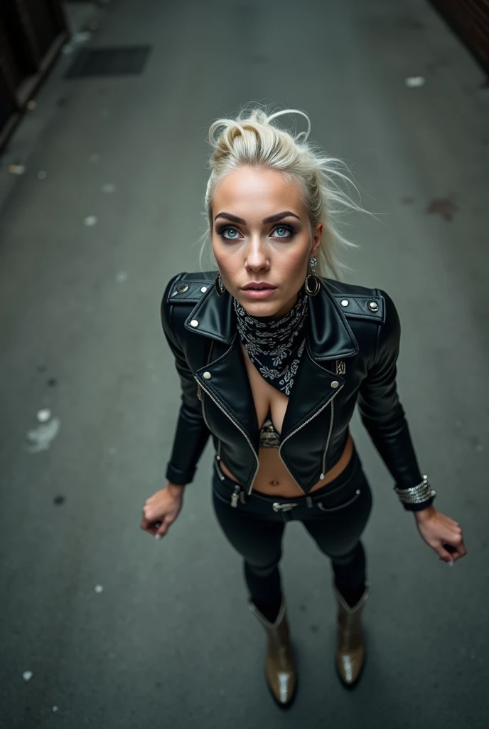 russian woman, platinum blonde hair with black parsley bandana, with very light blue eyes, pale, heavy eye shadows. Sad face, smeared make up, runny mascara. Wearing black moto jacket, leopard print bra, black skinny jeans and black snakeskin cowboy boots . Lots of metallic braceles and collars. Tacky leather belt with oversized buckle. Wide loop earrings. Scared face full of repentance. She thinks she is seeing God