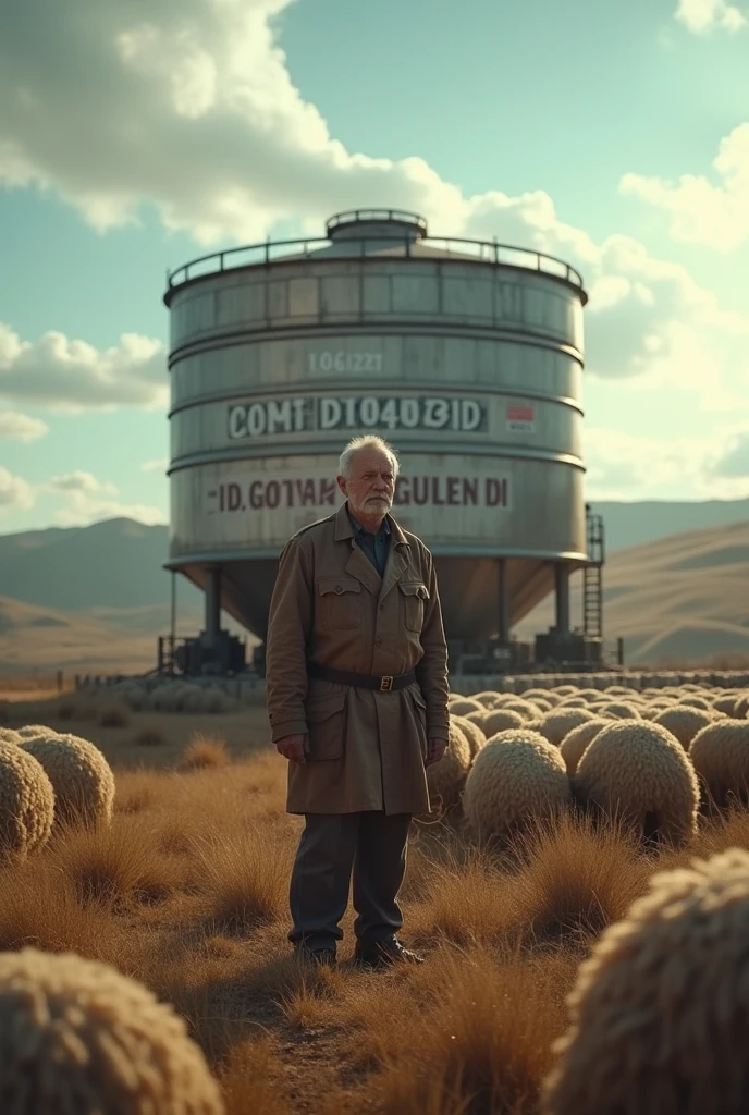 uniform，Dressed，shepherd，A large tank in the background，on the screen is written in ，letters on the screen,