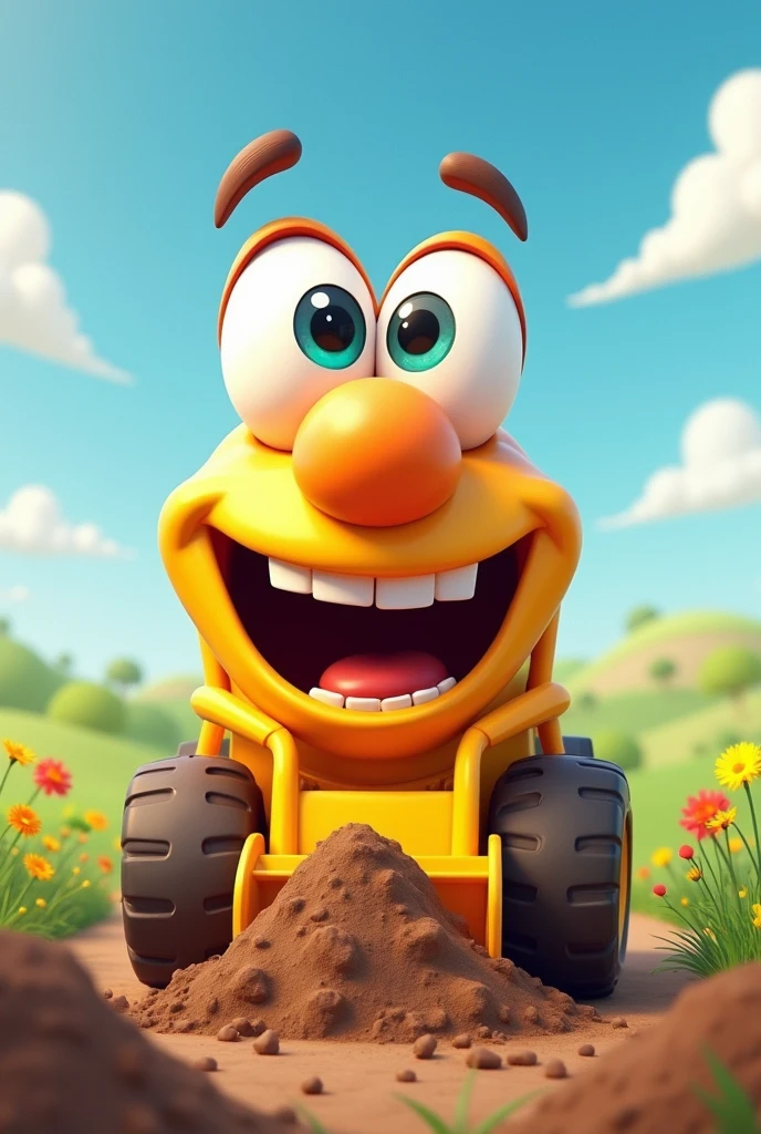 The picture is about a mouth digging the ground with a digger and the eyes looking down on the mouth digging the ground. It is a cute cartoon.