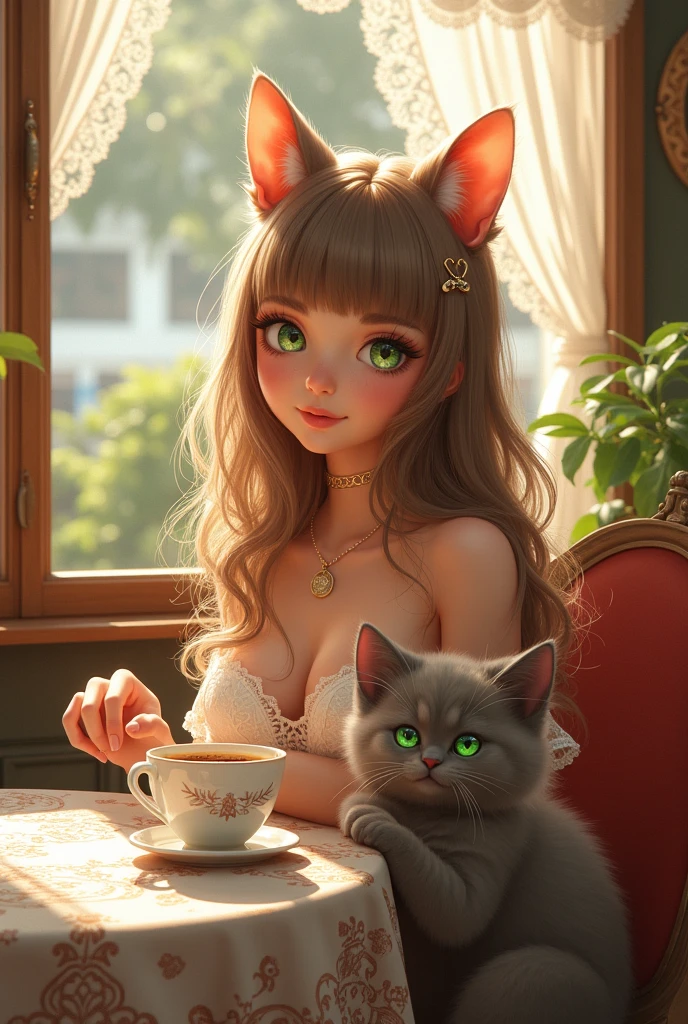 a woman sitting at a table with a cat and a cup of coffee, a picture by Nil Gleyen, trending on cg society, realism, very beautiful cute catgirl, beautiful drawing style, drawing style, illustration style, woman and cat, beautiful illustration, attractive cat girl, trending on artstration, cute detailed artwork, in style of digital illustration, cute illustration