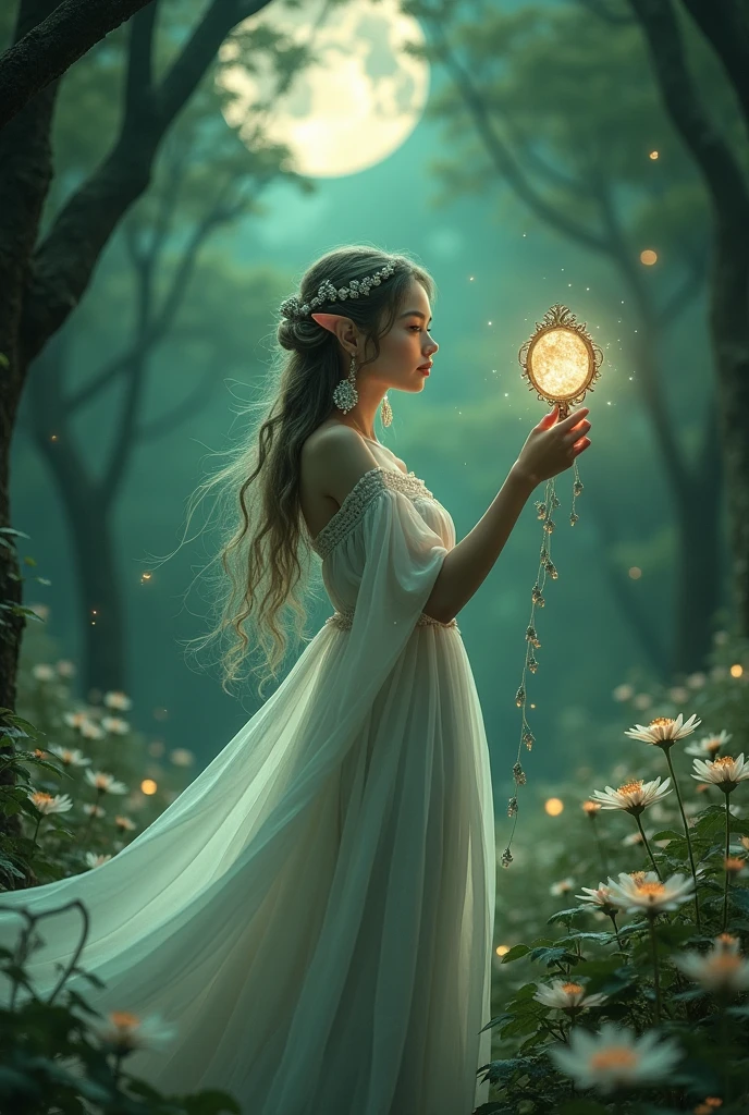 An elf woman wearing a white dress taking a selfie