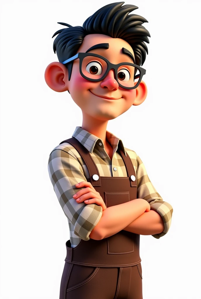 Create a male character, with black hair, slightly pointed top glasses on each lens, thin chin, hair stuck, aged 35, fine nose, totally white background, Disney  style, 3D style, non-anime style, small mouth, wearing a farmer dress,
