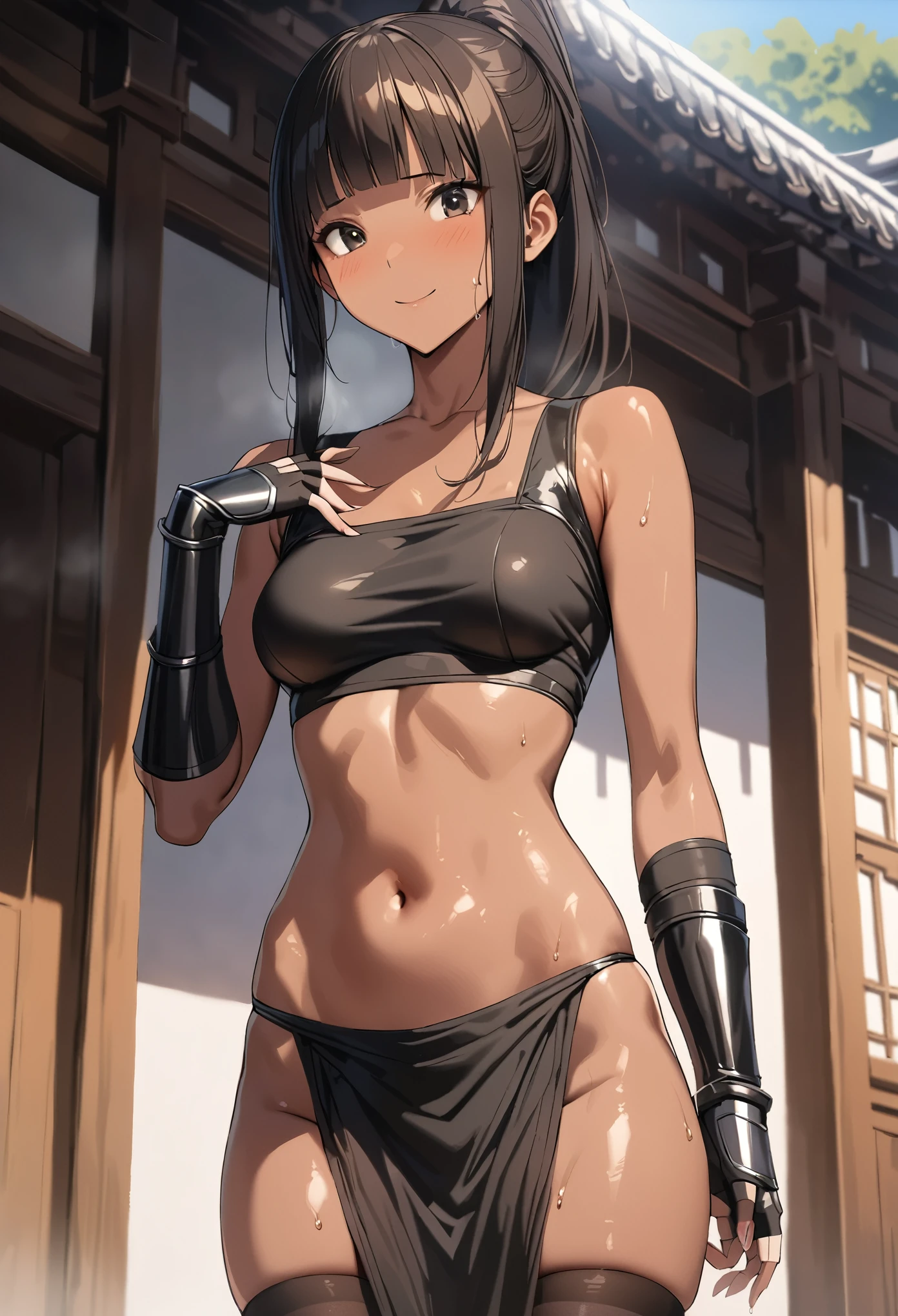 ((masterpiece,best quality anime,Highest quality:1.3)),realistic,cowboy shot,(25 year old beauty),Female ninja、1woman,独奏,((very small head:1.4)),((very long body:1.3)),black hair,bangs,(long ponytail hair),gorgeous big eyes,black eyes,smile,((tan skin:1.4)),((slender body:1.3,skinny)),medium breasts,gleaming skin,shiny skin,((black loincloth:1.3,Black tube top shirt、navel、Black leather gauntlets,Fingerless Gloves、black_thighhighs)),sweat:1.3,standing,Outdoor、sunny、Domestic、Temple、