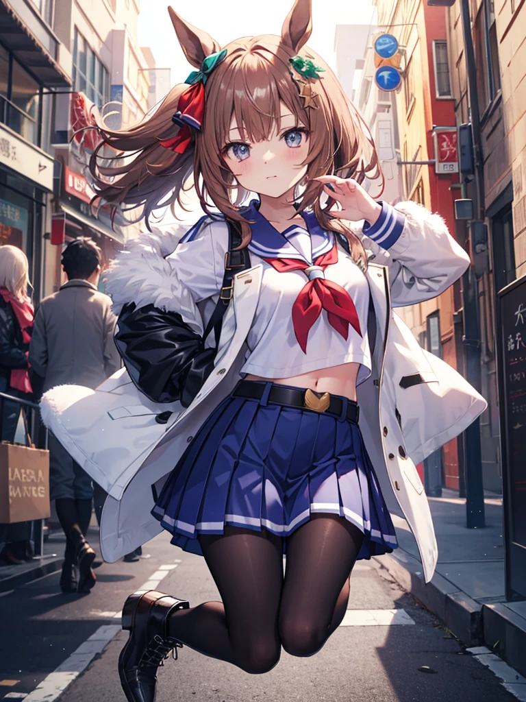 oguri cap \(umamusume\),
navel, blue skirt, long sleeves, pleated skirt, sailor collar, red neckerchief, belt, black pantyhose, white jacket, white shirt, grey footwear, fur-trimmed boots,