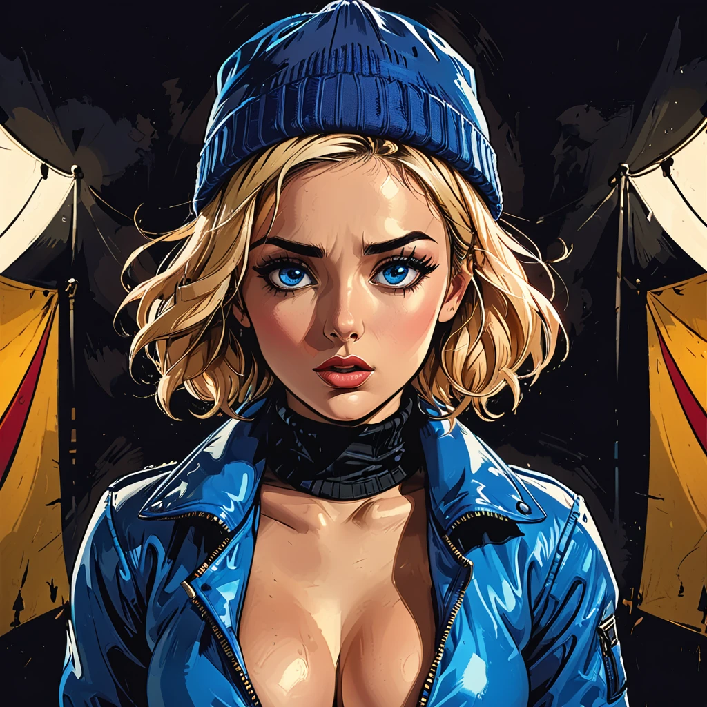 inside violet circus tent,dark atmosphere, deep shadow, shadow, (shocked), shocked close-up portrait ((girl in Blue zipped up down winter jacket and black turtleneck )) and blue gloves and (((blue winter hat)))) at circus tent,adult, [Nordic], Hourglass elongated fitness body, perfect Olive skin, Oval Face, Long neck, Rounded shoulders, perfect hand, Attached Pointed ears, round forehead, (Short blonde Waves pixie hair), snub nose, Arched eyebrows, ((monolid blue Eyes)), High Round Narrow cheekbones, Dimpled Cheeks, Rounded Chin, Rounded Jawline, Full  Lips, (blue eyes), Nudeeup Look, long eyelashes, third breast song slim fitness legs, graphic style of novel comics, perfect hands, 2d, 8k, hyperrealism, masterpiece, high resolution, best quality, ultra-detailed, super realistic, Hyperrealistic art, high-quality, ultra high res, highest detailed, lot of details, Extremely high-resolution details, incredibly lifelike, colourful, soft cinematic light,