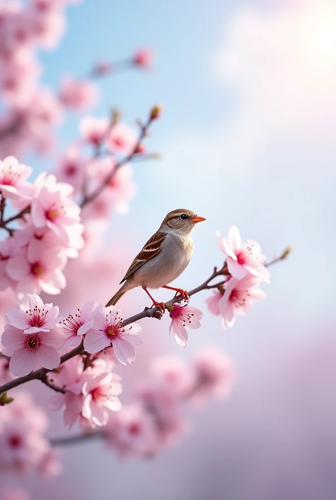A sparrow perched on a delicate cherry blossom branch during springtime, with soft, pastel colors in the background.