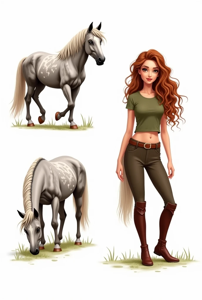 Petites illustration sur fond blanc. Un cheval gris pomelé gris-marron sur tout le corps et la tête, crins gris-marron clair, yeux marron, tâche rose sur le bout du nez à gauche. Dans 4 différentes situations : debout, au galop, qui mange, se gratte.
À côté d’une femme aux cheveux longs, bouclés châtain avec un ombré hair blond, yeux noisette, t-shirt vert kaki, pantalon d’équitation marron avec ceinture et boots marron
