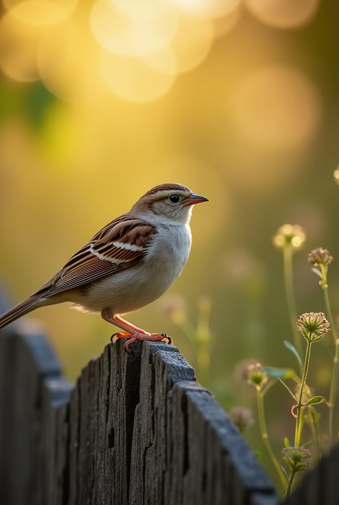 A close-up of a sparrow sitting on a rustic wooden fence, with morning sunlight casting a warm glow on its feathers.