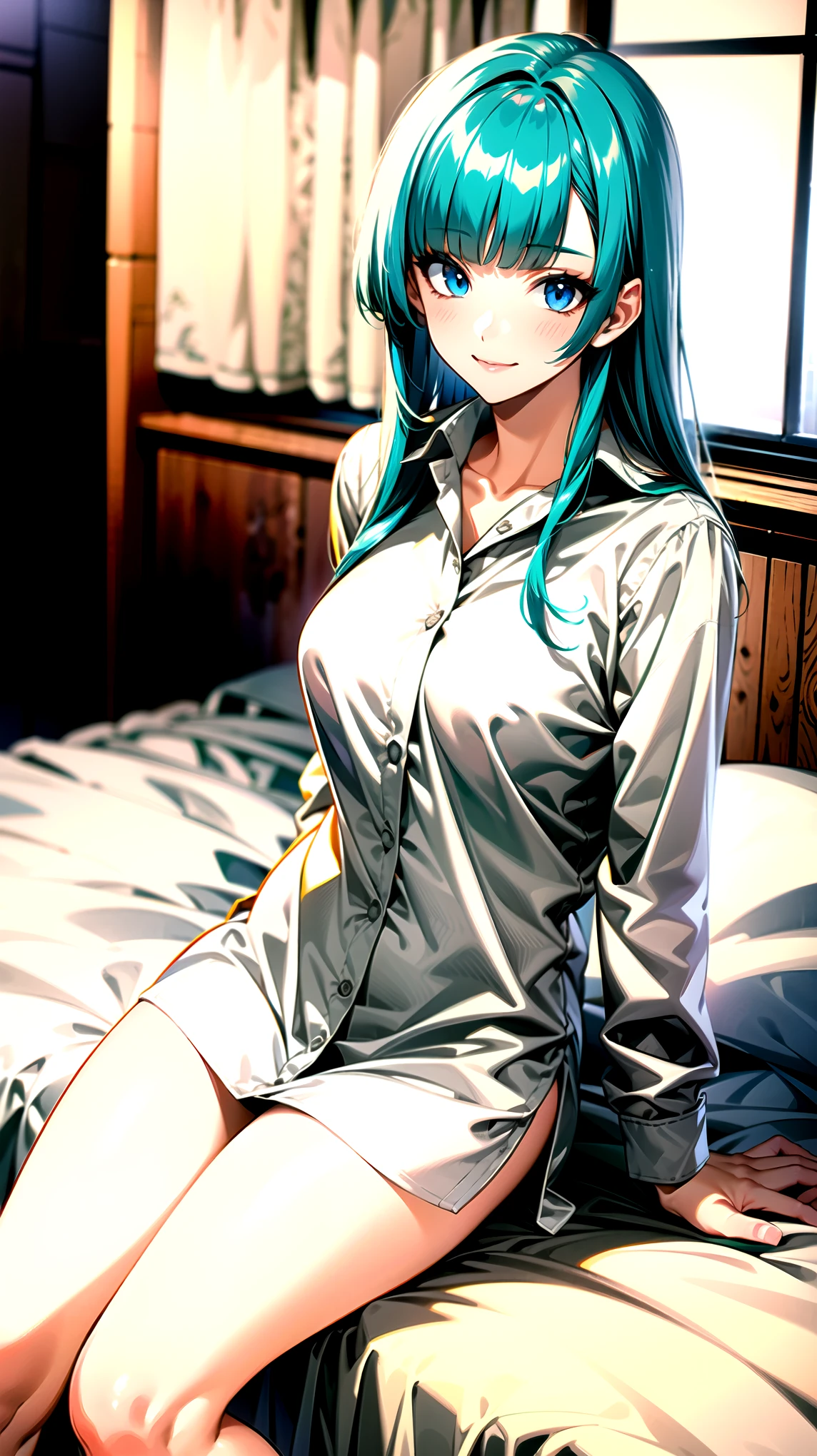 ((super high quality,Ultra-high resolution,4K,8k,super masterpiece,Ultra HD ,Detailed shading)),Full body photo,By the window in the morning sun,Sit on the bed,1 high school girl,popped collar White shirts,Tight collar,Bend your sleeves up to your elbows.,Straight emerald blue hair that extended to her shoulders,Side-swept bangs,Light blue eyes,Sharp gaze with raised eyebrows,smile,