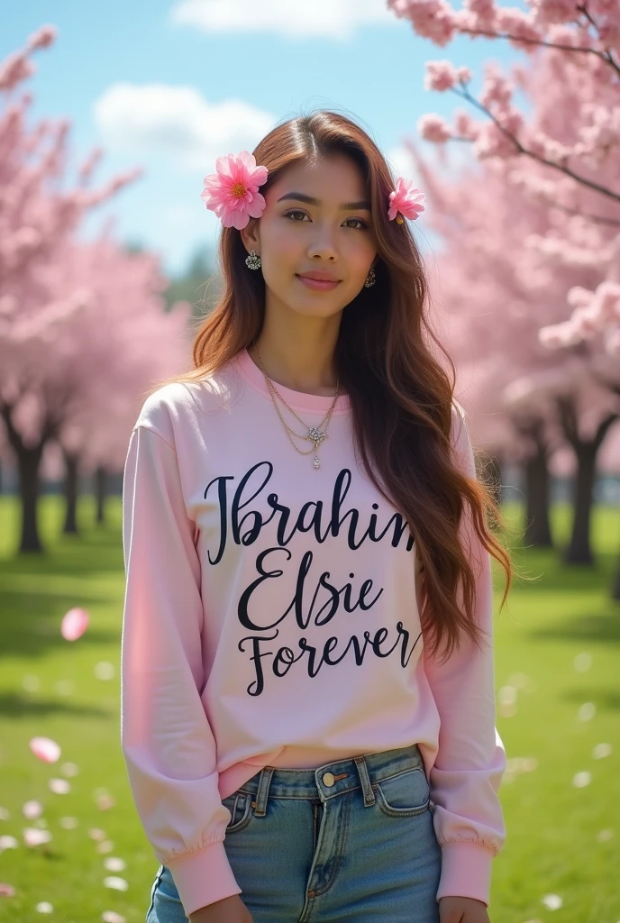 A woman wearing a shirt written Ibrahim and Elsie forever