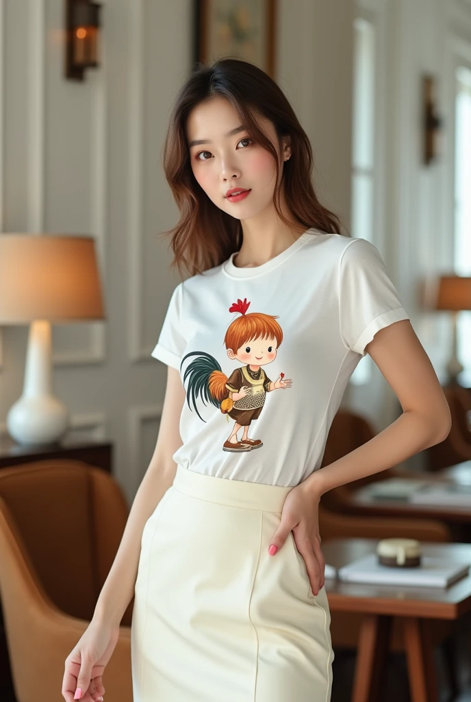 8k image of model wearing white T-shirt with Dong Ho painting - peach-haired boy wearing bib holding Vietnamese rooster. Cream colored stand-up skirt. Luxurious elegant style. Background with rice white walls, chairs, lamps