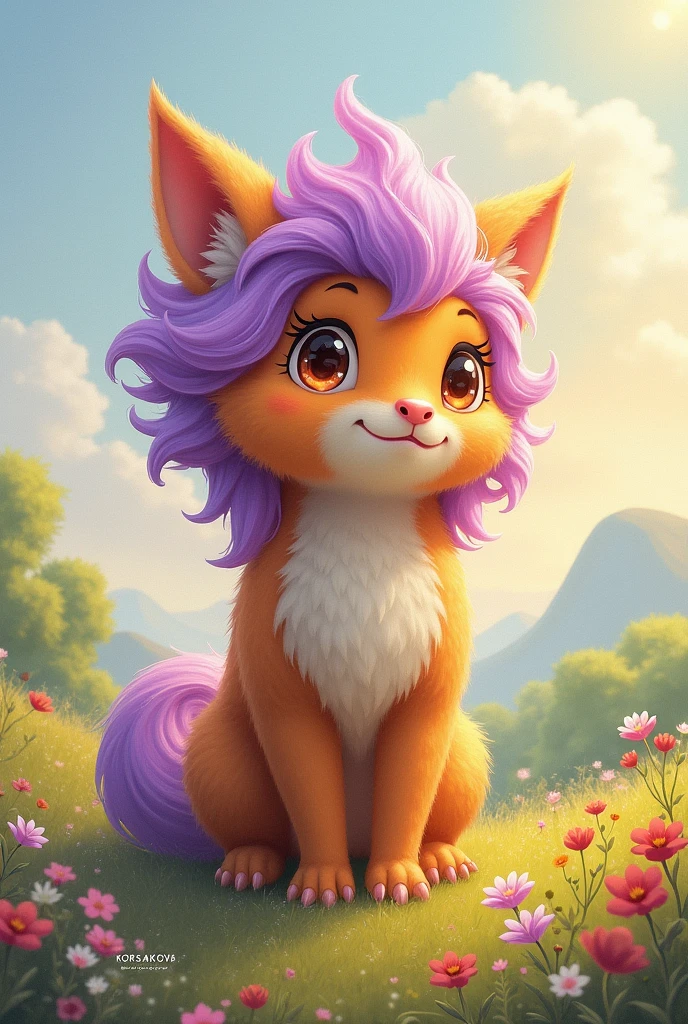 cute fluffy fairy tale creature, full length, tail one, amber fur with purple hairs, very beautiful, sparkling eyes, Beautiful expressive eyes, digital, pastel drawing, magic, view from afar in the background it says KORSAKOVA