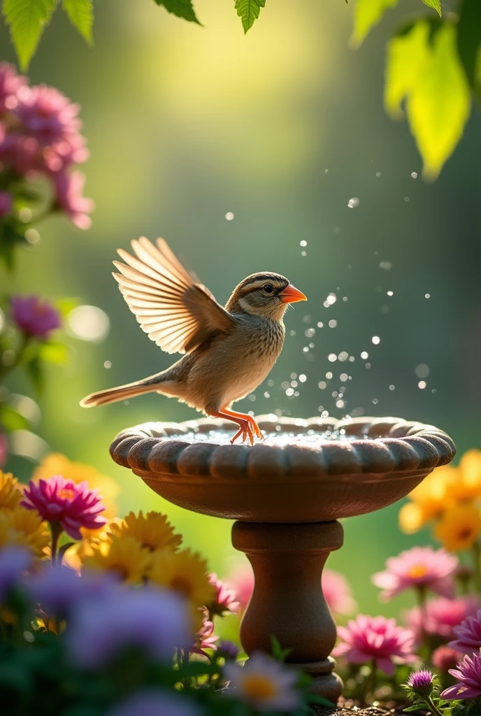 A sparrow taking a quick bath in a small, clear birdbath surrounded by lush greenery and vibrant flowers.