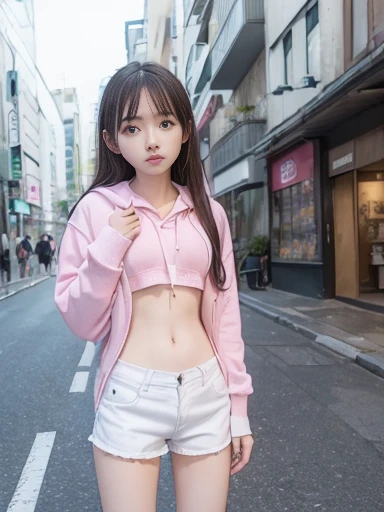 Japanese female, (underweight), (flat chest best quality:1.5), 30 years old,
(wonderland:1.3), lonely, kneeling, long hair, (white shorts), (pink hoodie), in the city, (dreamy atmosphere:1.3)