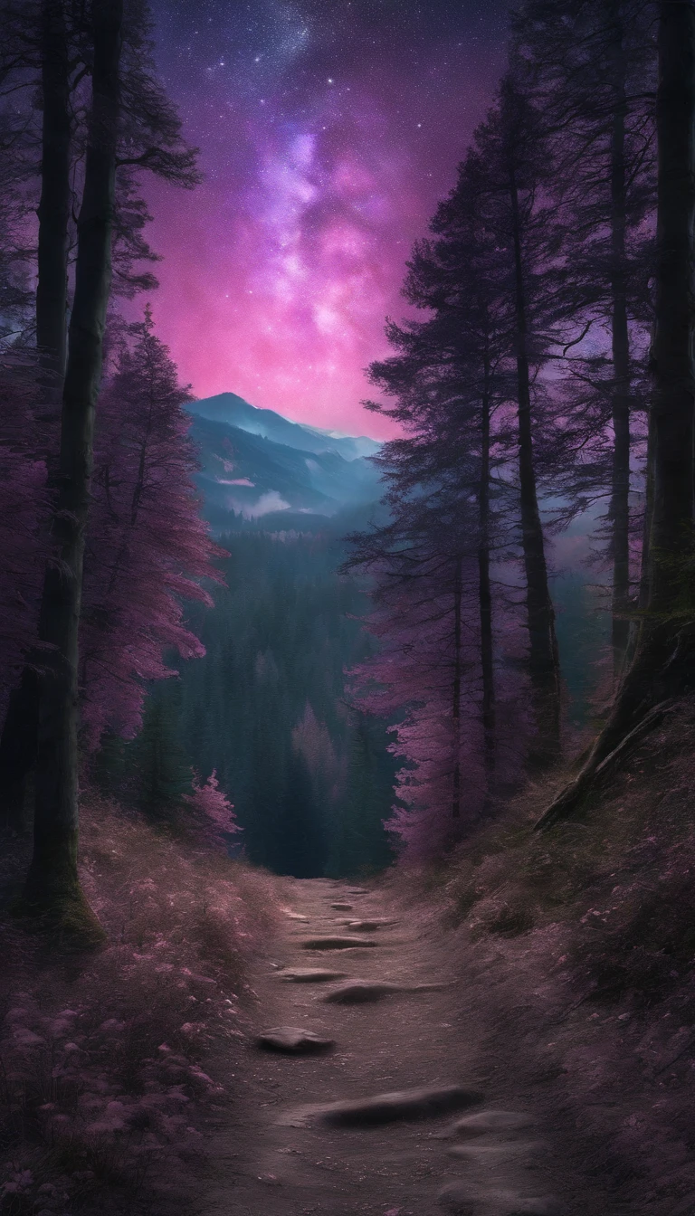 masterpiece, Highest quality, Dark alpine forest, night, beauty　Fantasy　A small path leads into the forest、Trees line both sides of the path　There is a mountain in the back　The sky is a gradient of pink and purple　Starry Sky　No people