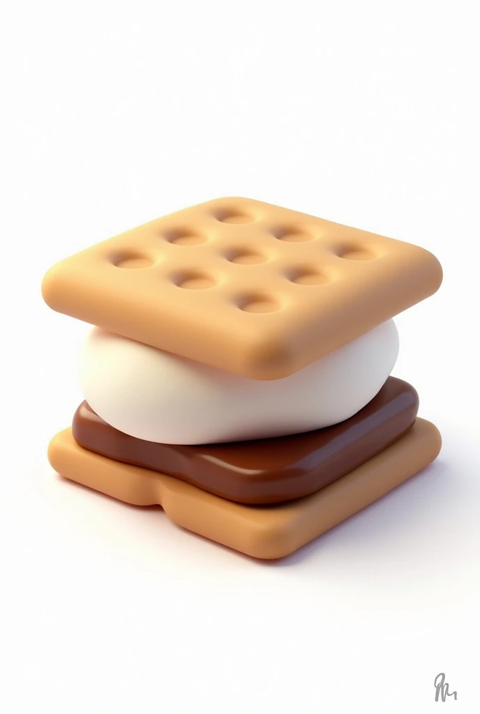 Create a 3D icon of a s'more with a glossy, smooth texture. The s'more should have a shiny, slightly exaggerated appearance with rounded edges and vibrant colors. The marshmallow, chocolate, and graham crackers should all look cohesive, as if sculpted together in a stylized, modern design