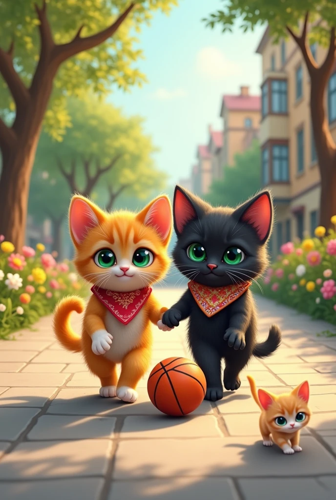 Two cats walking down the street hand in hand watching a kitten play basketball