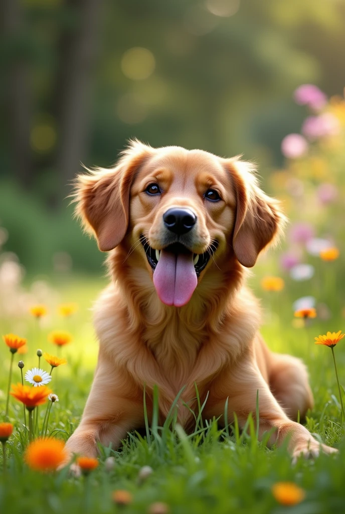 medium sized dog, caramel coat color, happy expression, (work of art:1.2), best qualityer, high qualiy, high resolution, (hyper detailled), detailed back ground, commemorative photograph,