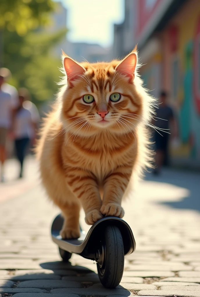 An orange cat named suga losing balance while riding an electric kickboard 
