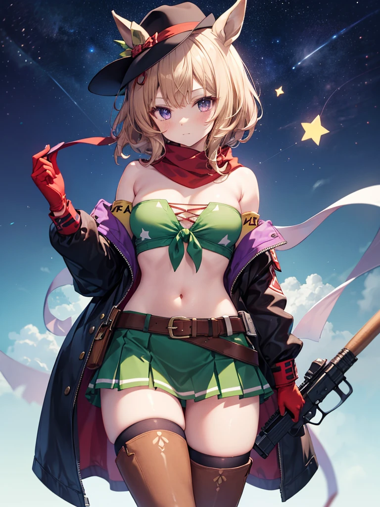 taiki shuttle \(umamusume\),
green shirt, front-tie top, bare shoulders, detached sleeves, bandeau, bikini under clothes, tube top, red scarf, navel, stomach, armband, brown gloves, cowboy hat, bandana, green skirt, miniskirt, brown belt, cowboy boots, holstered weapon, star print, zettai ryouiki, purple thighhighs, brown footwear,