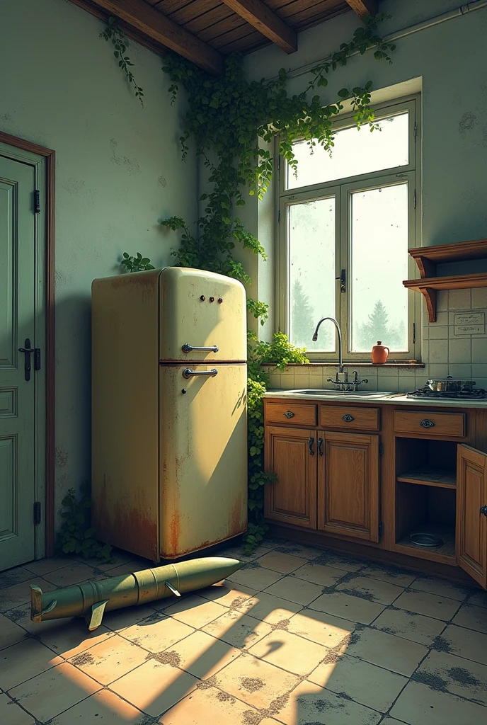 Master chef post war kitchen 


 Abandoned, distorted and disproportionate kitchen, post-war, No people, puddle of water, infiltration on the wall and ceiling, refrigerator with rusty door between open and stain of infiltration, wooden cabinet with rusty door between open and stain of infiltration, floor with floor with infiltration stains and missile on the floor next to the refrigerator, plants on the ceiling and wall invading the space.
 Soft light coming through the open wooden window with broken glass.
 Intricate details, simple and spontaneous lines, humorous, graphic illustration style, 4k definition with measurements of 3840 x 2160 pixels, front view of the scene, woman