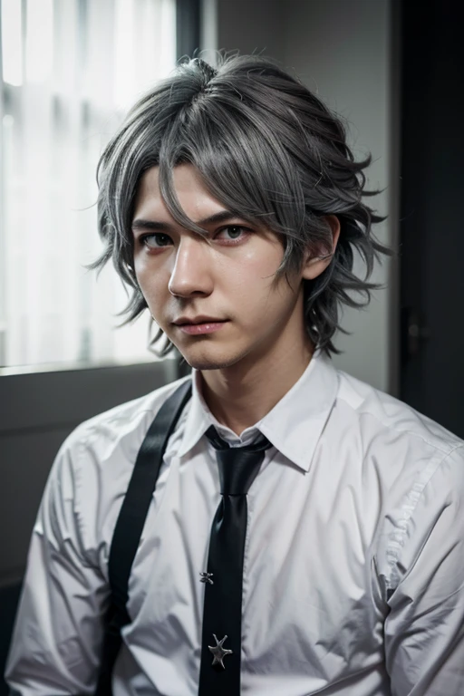 A close-up of a person with white hair and a sword, nagito komaeda, inspired by Okumura Togyu, He has dark gray hair, Gray-haired madman, Tall anime guy with blue eyes, inspired by Okumura Masanobu, young anime fan, male anime character, nagito komaeda from danganronpa