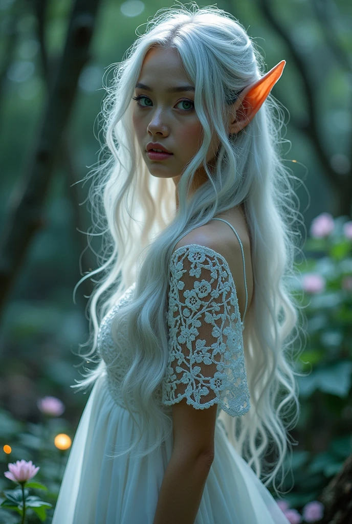 The face of an elf woman wearing a white dress