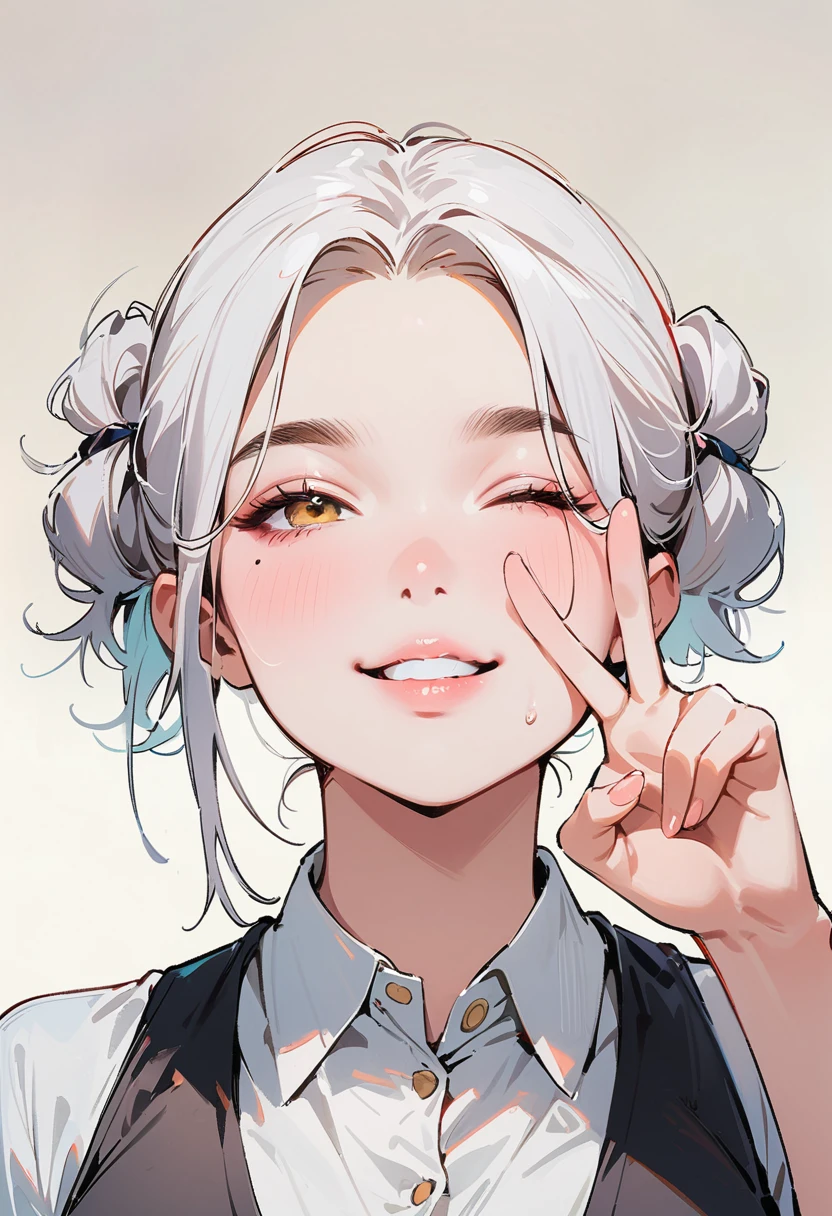 (masterpiece, best quality:1.4), 1 girl, 独奏, Black and white filter, Desaturate, Star pupil, Blurred eyes, Close your left eye, Smile, Look up and down, Fox gesture, Right tear mole, (Double ponytail hairstyle:1.2),  large breasts, , Vest, Black and white gradient background.
