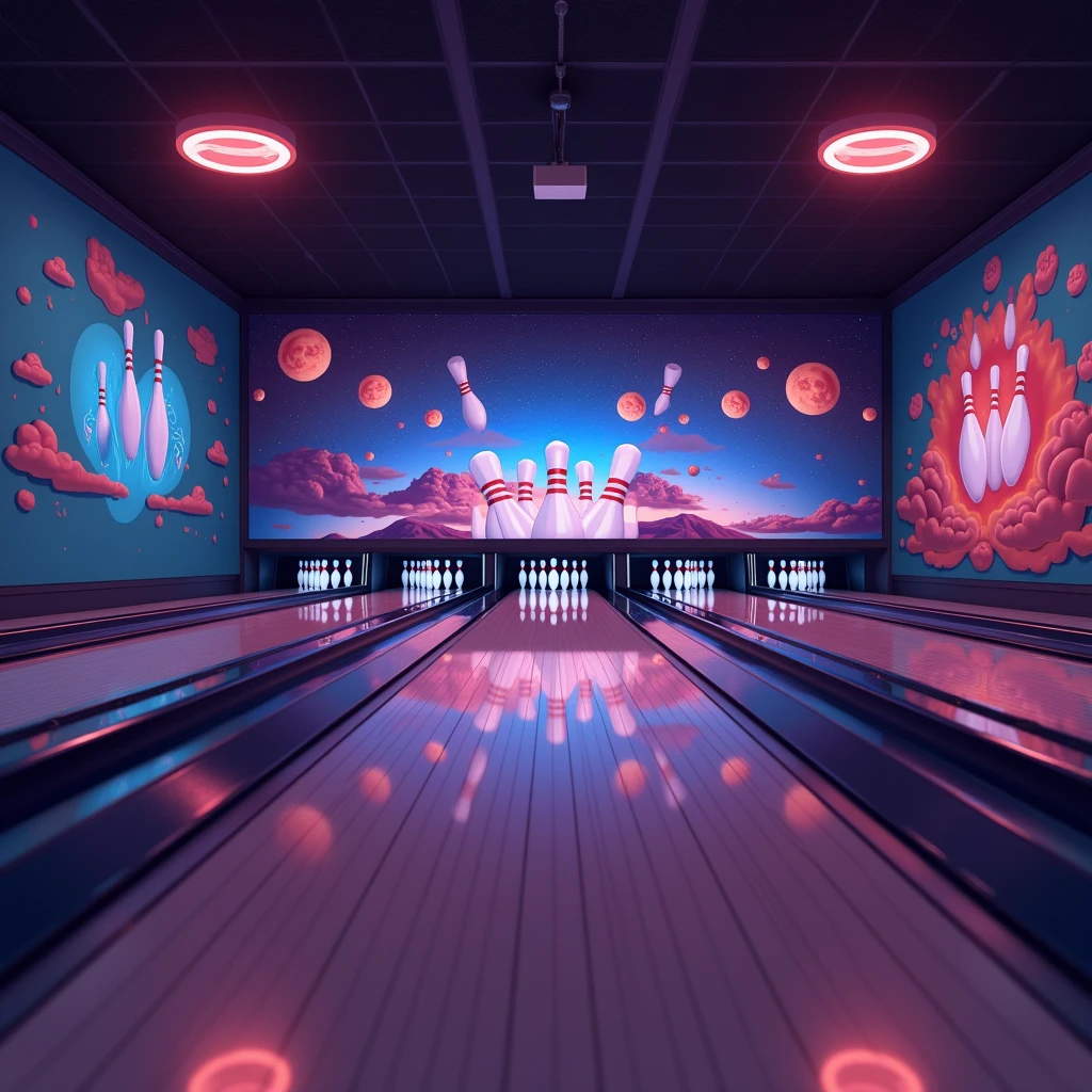 bowling alley　10 bowling pins　scenery　投げる前のscenery　align about 10 machines
