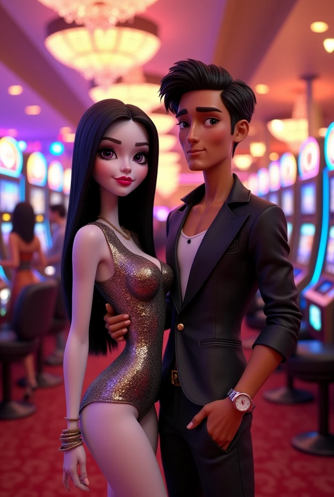 A couple with black hair, a white-skinned woman and a tanned man, in an animated 3D Bratz style at a casino.