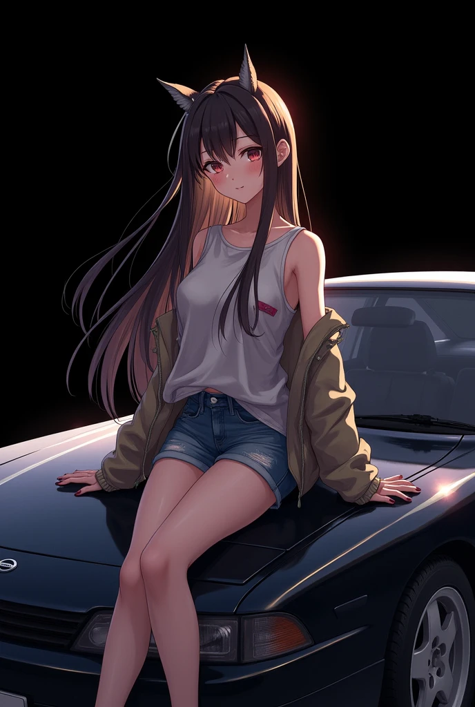 A beautiful anime brunette girl is sitting on the hood of a Nissan Silvia. (Black background) 