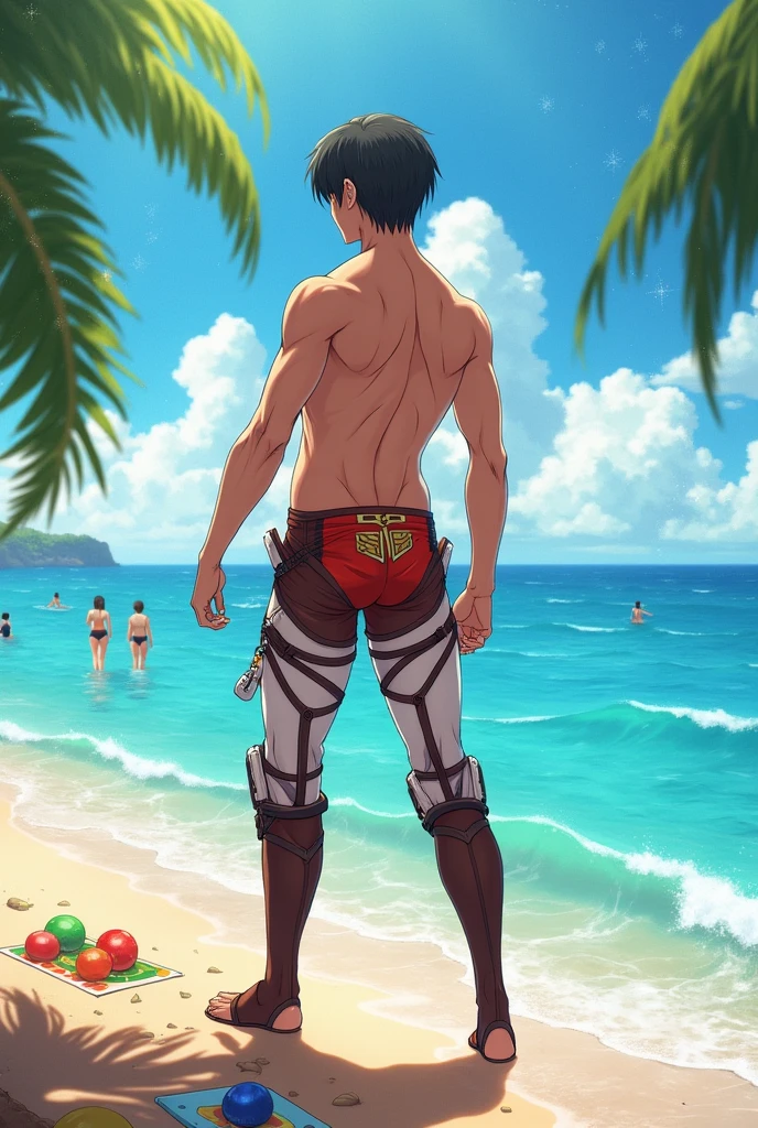 Eren Jäger from Attack on Titan pointing at the sea while wearing a Bikini.