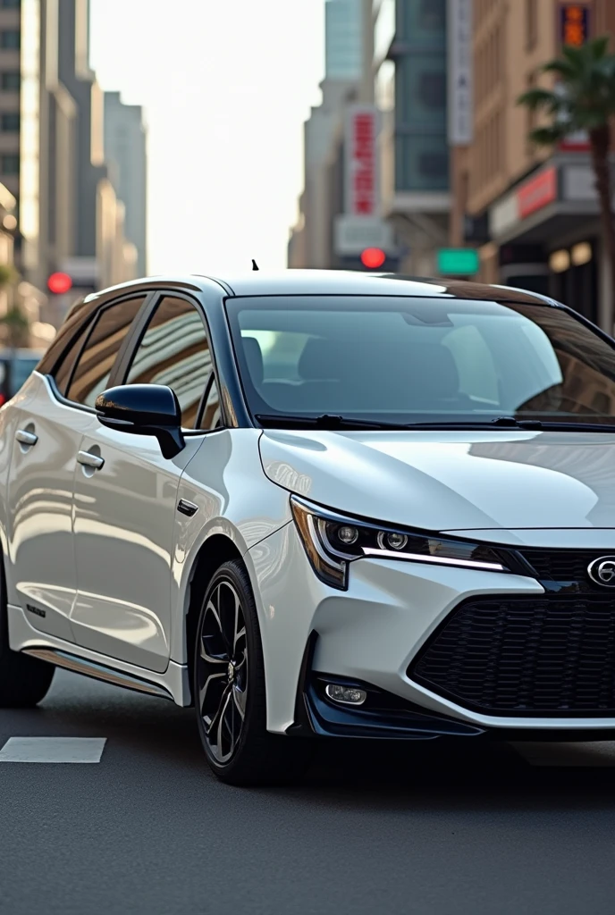 Corolla xei 2024 White Car, black ceiling, black rearview mirror, black spoiler, friso lateral therefore, black door handle, Car seen from behind
