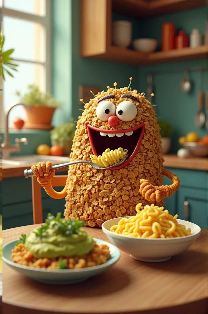 Granola on a ravioli eating macaroni with a side of guacamole 