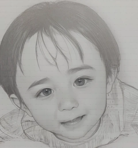 Realistic color photography style、Smiling emphasizes nasolabial folds. Make the chin a little thinner and accentuate the nasolabial folds.、I want it to look more like a color photograph.............。3 year old boy, Xu々To、Clearly visible、Emphasizes deep nasolabial folds from nose to mouth、Generate left and right dimples、Show me your beautiful smile.。Make your eyes look cute with double eyelids.