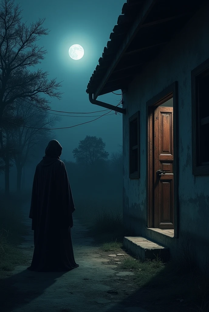 Ramesh's heartbeat increased. It seemed as if his feet were stuck to the ground. He wanted to run, but his body was not even moving. Just then, the shadow pointed towards the door of the house. The door suddenly opened with a force, and a black figure stepped out.
