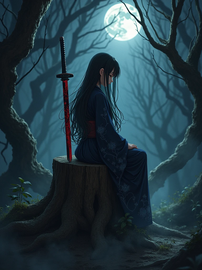 (ethereal dark fairy tale by Nicola Samori, JC Leyendecker), young anime girl sitting in a dark forest holding a bloody katana with the tip pointing up, dark kimono, (dark + gothic, + foreboding background:1.4), more detail XL