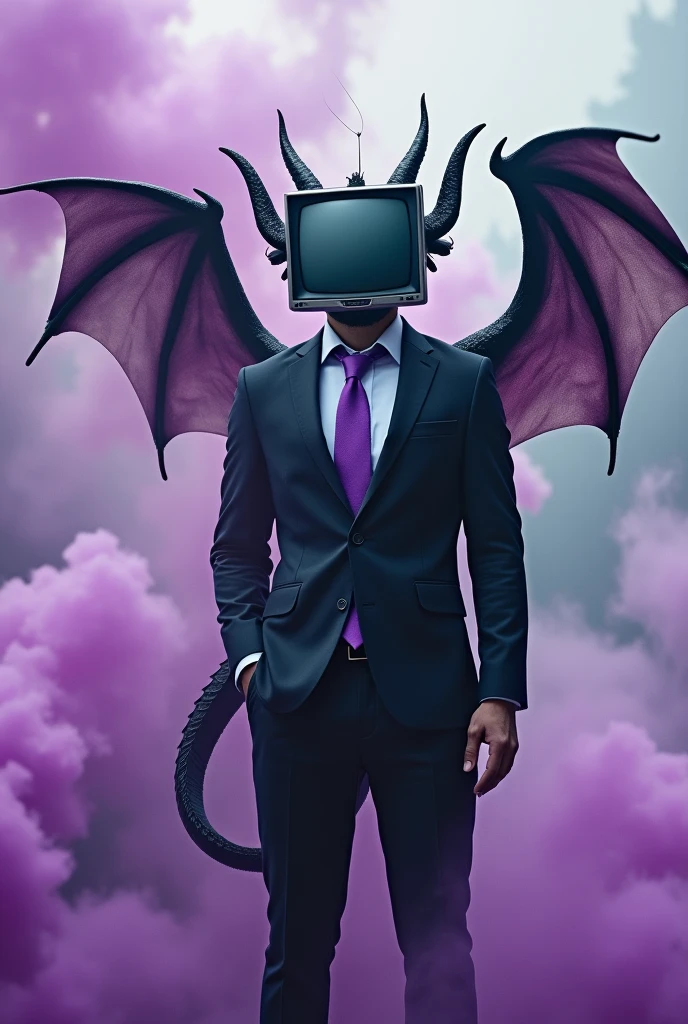 A man with tv head, blank screen and Ying yang colored sea dragon ears, 1 horn and 1 antena. Using a black suit and purple tie. Black and white colored dragon wings and purple tail, . purple smokes effect around him