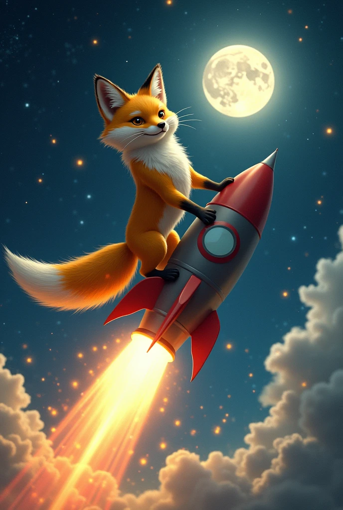 A fox,on a rocket, rocket shoots bucks, fox facing us, rocket facing a moon, Fox is cunning, fix is evil, rocket let's out money, fox is fit and small, fox is tibetan, fix colour is yellowish orange, rocket in space, 