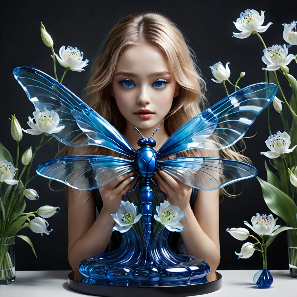 high resolution, high qualiy, work of art. Hyper-Realism. The winner is 35 awards. Glass sculpture evoking the style of Dale Chihuly, captured in the essence of a Patrick Demarchelier photograph, featuring an android girl with disproportionately large sizes, Dragonfly eyes, packaging a dark blue neon acrylic-metal lily of the valley, glass flowers in hand, surrealist environment filled with themes of love, hug of affection, hyperrealistic interpretation, 32k resolution, Studio environment, ultra-HD clarity, rich in vibrant tones, pen and ink precision, ideal composition