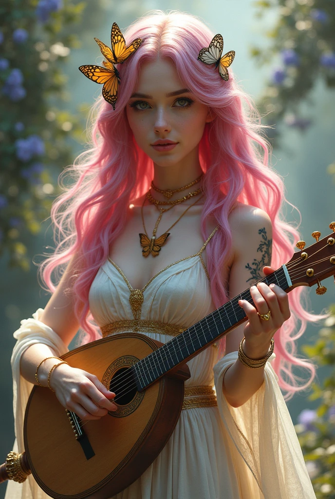 A very beautiful girl, Young and sexy with extremely pink hair with blue streaks. Her skin is white and delicate and has golden butterflies scattered that are like tattoos, besides her body being covered in a shiny golden powder, your eyes are silver, She is noble e possui vestes chiques e elegantes porém é uma aventureira filha de uma fada, She is noble, She is also a bard and loves music, She's always with her delicate lute, besides carrying her beautiful sword, Because she is a bard, she is always with her lute in hand and her beautiful sword sheathed.