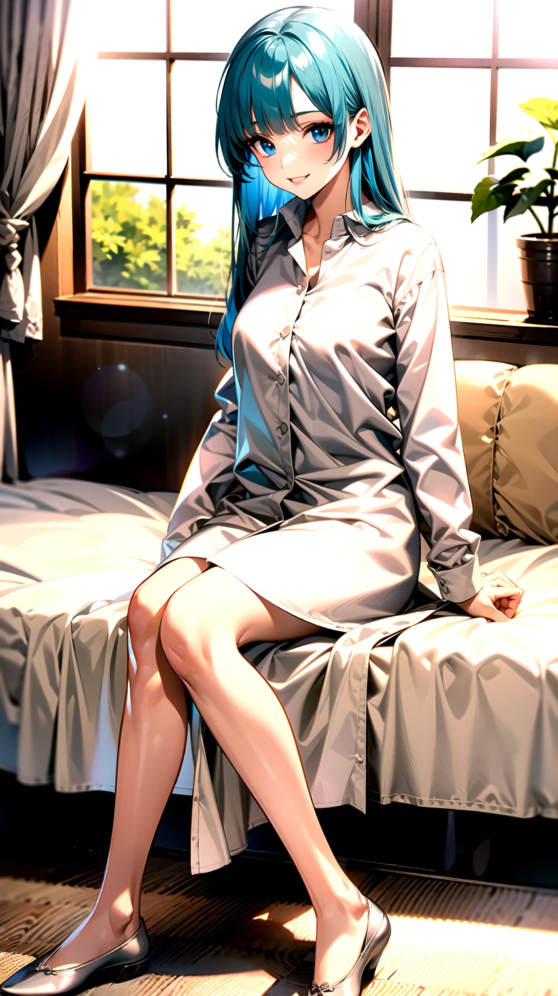 ((super high quality,Ultra-high resolution,4K,8k,super masterpiece,Ultra HD ,Detailed shading)),Full body photo,By the window in the morning sun,Sit on the bed,1 high school girl,popped collar White shirts,Tight collar,Bend your sleeves up to your elbows.,Straight emerald blue hair that extended to her shoulders,Side-swept bangs,Light blue eyes,Sharp gaze with raised eyebrows,smile,
