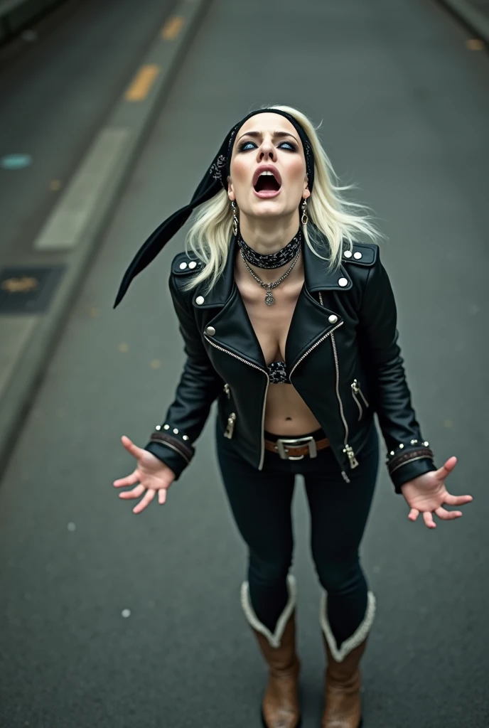 russian woman, platinum blonde hair with black parsley bandana, with very light blue eyes, pale, heavy eye shadows. Sad face, smeared make up, runny mascara. Wearing black moto jacket, leopard print bra, black skinny jeans and black snakeskin cowboy boots . Lots of metallic braceles and collars. Tacky leather belt with oversized buckle. Wide loop earrings. Scared face full of repentance. She thinks she is seeing God. Mouth open